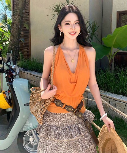 아메리칸 섹시함 흔들다 칼라 주름 V넥 행침 목 조끼 레오파드 무늬 경 사진 주름 반신 스커트 디자인 센스 중간 길이 스커트