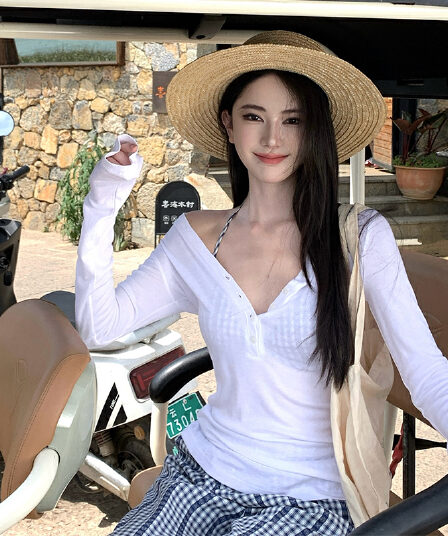 달콤한 매운맛 순수한 욕망 천년기 바람 긴팔 블라우스 해변가 자외선 차단 의류 체크무늬 비키니 해변가 휴가 자외선 차단 긴 바지