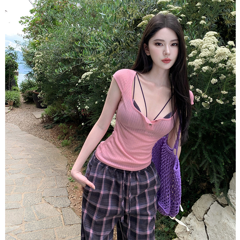 천년기 핫걸 바람 달콤한 매운맛 바람 블라우스 체크무늬 인사이드 가져 가라. 비키니 세트 체크무늬 넓은 다리 길이 바지 3종 세트