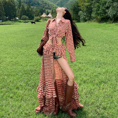 批发托卡红格猎手大裙摆红格裙印花荷叶边新疆西北旅游度假套装<b class='q'>格子</b>裙