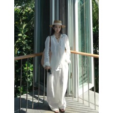 批发老钱风<b class='q'>棉麻</b>衬衫白色套装<b class='q'>女</b>夏慵懒宽松长袖衬衣防晒衣休闲<b class='q'>裤</b>两件套