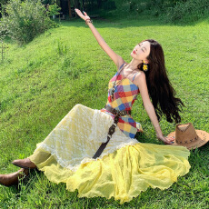 批发云南旅游度假套装波西米亚彩色格纹吊带拼接<b class='q'>蕾丝</b>长裙度假风连衣裙