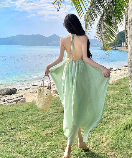 실사 순수한 욕망 섹시함 백리스 행침 목 슬립 여성 드레스 여름 휴가 주름 롱 스커트 녹색 디스플레이 화이트 치마