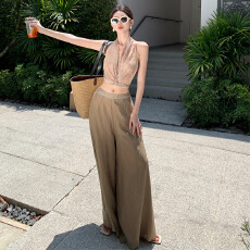 批发老钱风垂坠感阔腿裤<b class='q'>两件</b>套+扎染挂脖上衣海边度假风穿搭慵懒高级