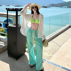 批发海边度假风比基尼防晒开衫三件套女夏休闲条纹长裤绣花裤子