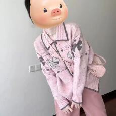 批发粉色提花针织<b class='q'>开衫</b>女秋季2025新款童趣小狗费尔岛韩系宽松<b class='q'>毛衣</b>外套