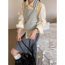 批发高级感翻领无袖针织衫<b class='q'>背心</b>女秋冬叠穿polo领纽扣马甲条纹<b class='q'>毛衣</b>坎肩