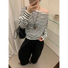 批发GOGOING韩系条纹<b class='q'>一字肩</b>针织长袖T恤女2025早秋新款休闲蝙蝠袖<b class='q'>上衣</b>