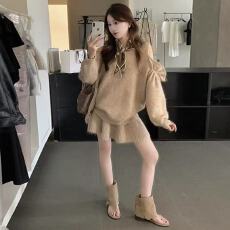 批发韩国东大门秋季<b class='q'>新款</b>慵懒风宽松显瘦设计感系带露肩＋<b class='q'>半身裙</b>两件套