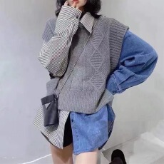 批发条纹<b class='q'>牛仔</b>拼接衬衫女叠穿马甲两件套2024秋新款时髦设计中长款衬衣