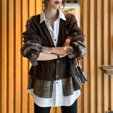 欧洲站2025春秋新款整两件针织上衣欧货百搭毛衣格子拼接衫外套女