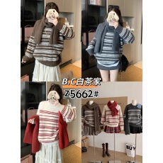 韩系慵懒风复古条纹圆领套头毛衣配围巾秋冬加厚保暖宽松显瘦套装