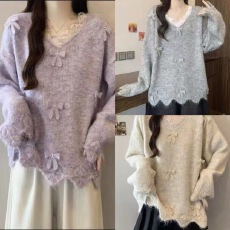 批发蕾丝拼接蝴蝶结V领正肩针织打底衫女2025秋季甜美风宽松显瘦上衣