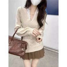 批发V领长袖针织衫女辣妹小心机露肩收腰内搭毛衣打底衫<b class='q'>上衣</b>