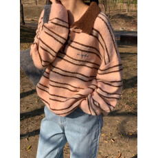 批发韩版撞色翻领长袖宽松针织条纹毛衣 气质女