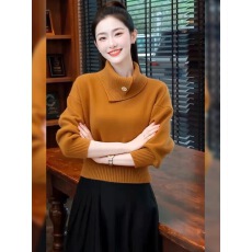 批发法式橘色翻领套头毛衣女秋冬季新款慵懒风软糯加厚保暖针织衫上衣