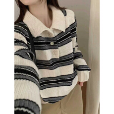 韩系设计感撞色条纹针织衫女2025秋冬新款宽松慵懒风套头羊毛毛衣