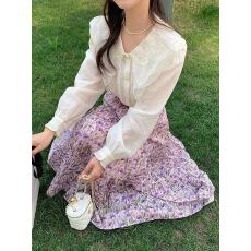 批发紫色a字碎花半身裙女2026韩版高腰简约休闲<b class='q'>百搭</b>中长裙子+衬衫套装