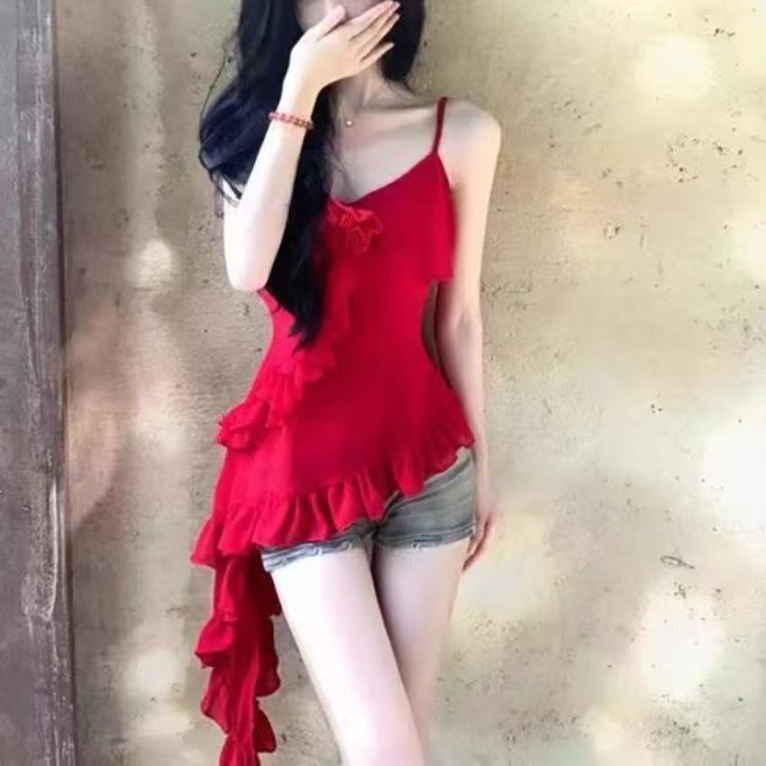 프랑스식 프릴 캐미솔 여름 디스플레이 화이트 빨간색 3 차원 꽃 불규칙 맨위
