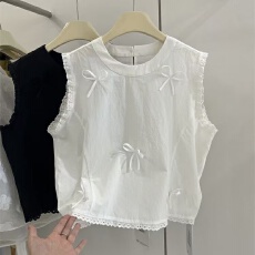 批发短款无袖衬衫女2026年夏季新款蝴蝶结小个子韩系绝美流行小衫上衣