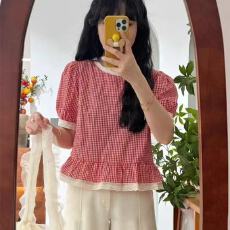 批发蕾丝法式格子泡泡衬衫夏季2026花边新款宽松短袖娃娃减龄上衣爆款