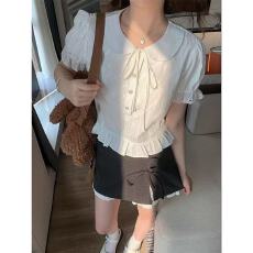 批发白色镂空娃娃领衬衫女夏季新款温柔气质设计感泡泡袖上