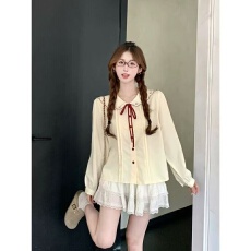 批发蝴蝶结刺绣娃娃领衬衫女装2026新款复古宽松长袖上衣内搭外穿