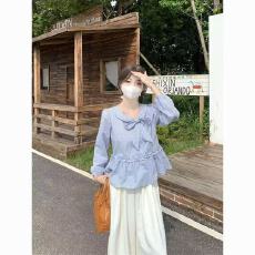 批发<b class='q'>甜美</b>蝴蝶结娃娃领泡泡袖格子衬衫女秋季2026荷叶边上衣