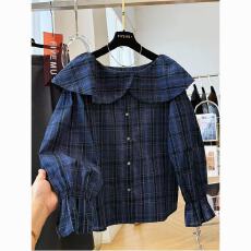 批发巨好看的复古格子韩系穿搭一字肩荷叶领长袖衬衫小衫上衣