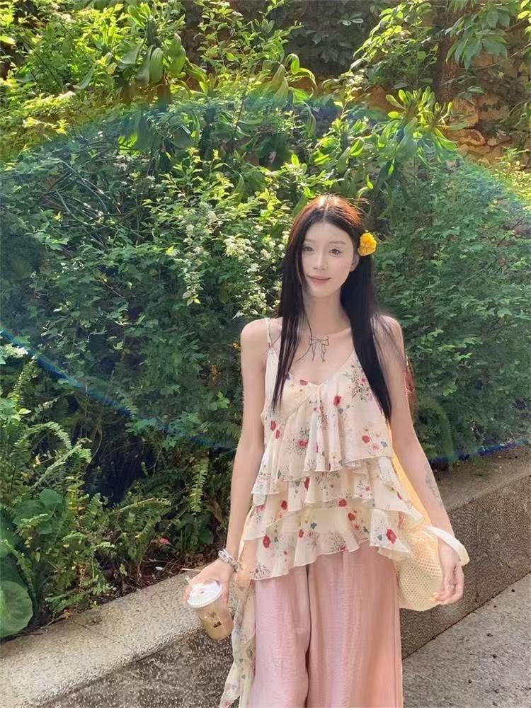 여름 새로운 불규칙 디자인 센스 순수한 욕망 프릴 다중 레이어 꽃무늬 슬립 맨위