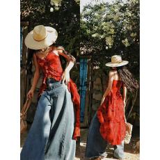 批发盛夏情诗法式度假风V领红色立体玫瑰印花吊带<b class='q'>上衣</b>