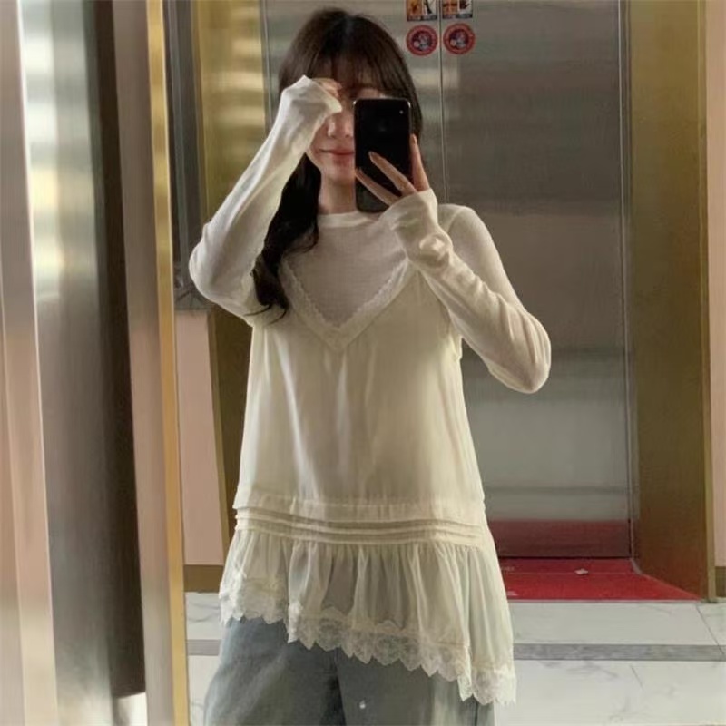 26 년 이른 봄 feel blessed 작은 청신 레이스 벨벳 캐미솔 인사이드 가져 가라. 긴팔 투피스 세트