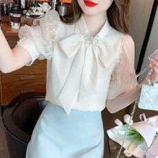 批发夏新款<b class='q'>甜美</b>减龄钉珠蝴蝶结网纱泡泡袖雪纺衬衫女上衣