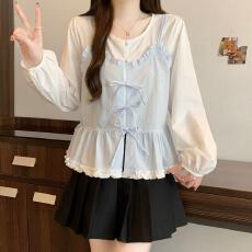批发韩系<b class='q'>甜美</b>拼接假两件衬衫女2026春夏别致设计感蝴蝶结减龄上衣