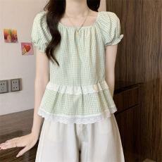 批发夏季韩系<b class='q'>甜美</b>俏皮格子百搭泡泡袖宽松花边上衣小衫