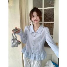 批发法式娃娃领<b class='q'>长袖</b><b class='q'>衬衫</b>女秋季胖mm显瘦减龄荷叶边别致小衫上衣