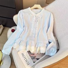 批发白色蝴蝶结蕾丝花边长袖衬衫女秋季秋<b class='q'>冬</b>修身内搭打底衫上衣