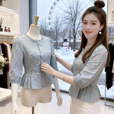 批发<b class='q'>韩版</b>简约风花边七分袖衬衫女2026早秋新款小个子显瘦上衣