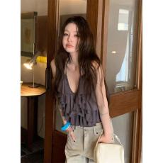 批发泰国绝美灰色V领无袖吊带背心女<b class='q'>夏季</b>性感辣妹外穿内搭漂亮小上衣