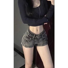 批发美式复古辣妹<b class='q'>牛仔</b><b class='q'>短裤</b>女烟灰色低腰a字小个子包臀裤