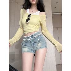 批发蕾丝拼接丰胯牛仔短裤女2026<b class='q'>春</b>夏季新款低腰紧身包臀裤