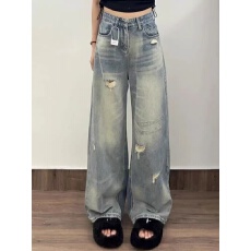 批发美式破洞阔腿牛仔裤女<b class='q'>秋</b>装薄款显瘦小个子宽松高腰直筒百搭拖地裤