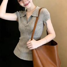 批发2026夏季新款半开领时尚坑条短袖毛<b class='q'>针织</b>衫女独特修身显瘦减龄上衣