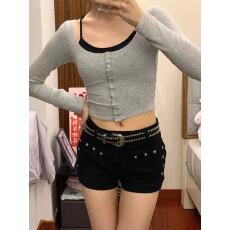 批发夏季新款网红同款热裤女辣妹复古<b class='q'>夜店</b><b class='q'>性感</b>低腰包臀铆钉牛仔超短裤