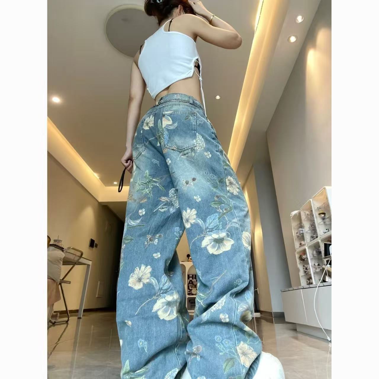 꽃무늬 프린트 청바지 여성 아메리칸 레트로 와이드 레그 팬츠 디자인 센스 작은 대중 루즈핏 바닥 청소 바지