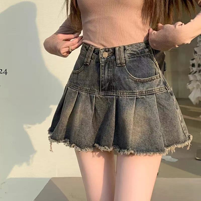 여름 데님 반신 치마 2026 년 새로운 치마바지 A라인 스커트 하이웨이스트 플리츠 퍼프 스커트 중간 길이 스커트 우산 치마