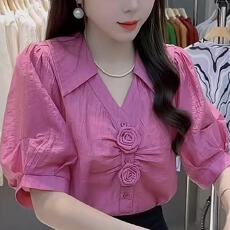 批发法式立体花朵<b class='q'>短袖</b><b class='q'>衬衫</b>女夏洋气独特百搭气质上衣时尚V领粉色小衫