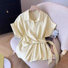 批发新款设计感翻领系带排扣<b class='q'>衬衫</b>百搭韩系风休闲<b class='q'>短袖</b>洋气上衣
