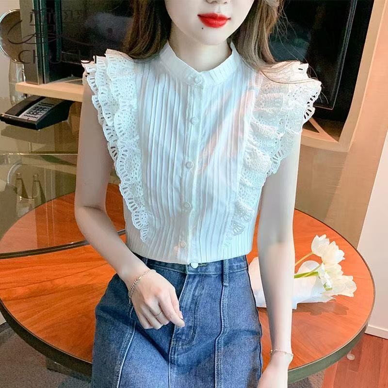 여름 새로운 달콤함 자수 홀로우 아웃 레이스 셔츠 Feifei 소매 맨위