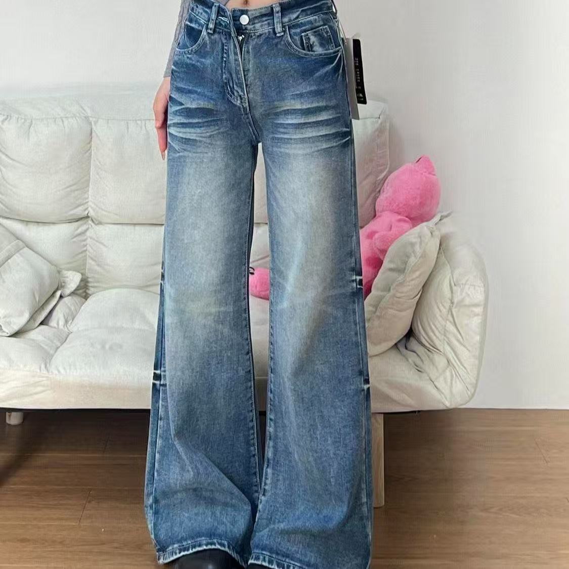 작은 키 아메리칸 레트로 워싱 부츠컷 청바지 여성 하이웨이스트 루즈핏 슬림해 보이는 스트레이트 넓은 다리 길이 바지
